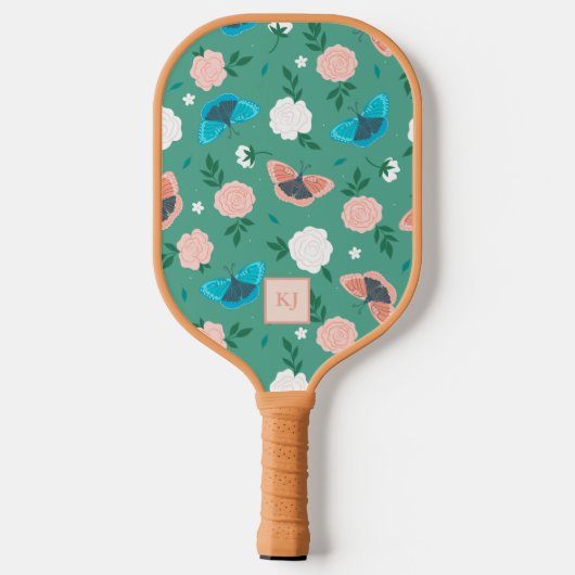 Niedliche Schmetterlinge und Rose Mit Monogramm Pickleball Schläger (Rückseite)