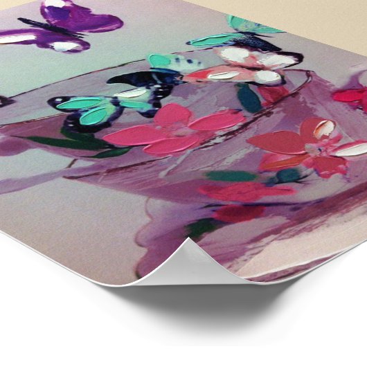 Niedliche Schmetterlinge und Tassen , Matte Poster (Ecke)