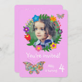 Niedliche Schmetterlingsmarine Blume Girls Geburts Einladung (Vorne/Hinten)