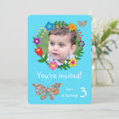 Niedliche Schmetterlingsparty Blume Jungen Geburts Einladung (Stehend Vorderseite)