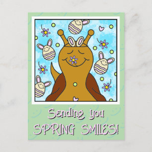 Niedliche Schnecke mit sonnigen Eiern, die Ostern  Feiertagspostkarte