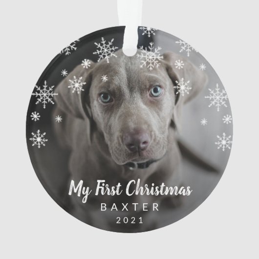 Niedliche Schneeflocken Hund Foto Meine ersten Wei Ornament (Rückseite)