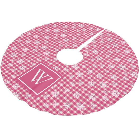 Niedliche Schneeflocken Rosa Buffalo Karierte Mono Polyester Weihnachtsbaumdecke (Schrägansicht)