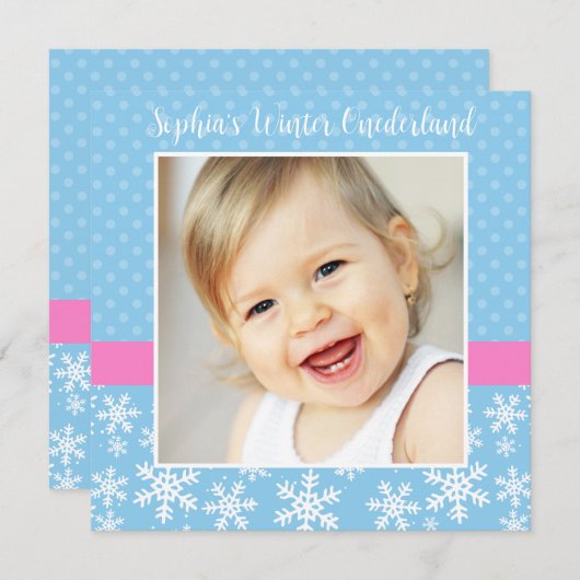 Niedliche Schneeflocken Winter Onederland Foto Geb Einladung (Vorne/Hinten)