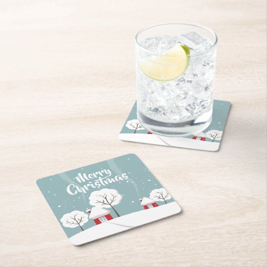 Niedliche Schneehäuser und Bäume Weihnachten Rechteckiger Pappuntersetzer (Vor Ort)