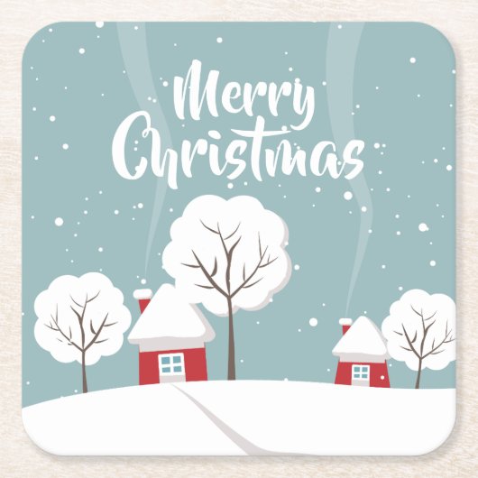 Niedliche Schneehäuser und Bäume Weihnachten Rechteckiger Pappuntersetzer (Vorderseite)