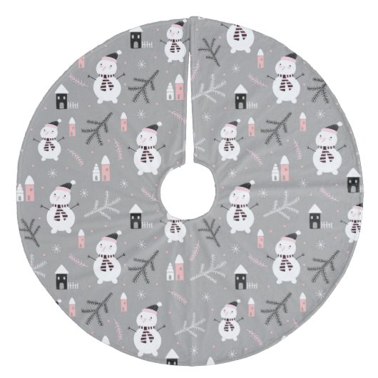 Niedliche Schneemänner, Häuser und Winterzweige Fleece Weihnachtsbaumdecke (Vorderseite)