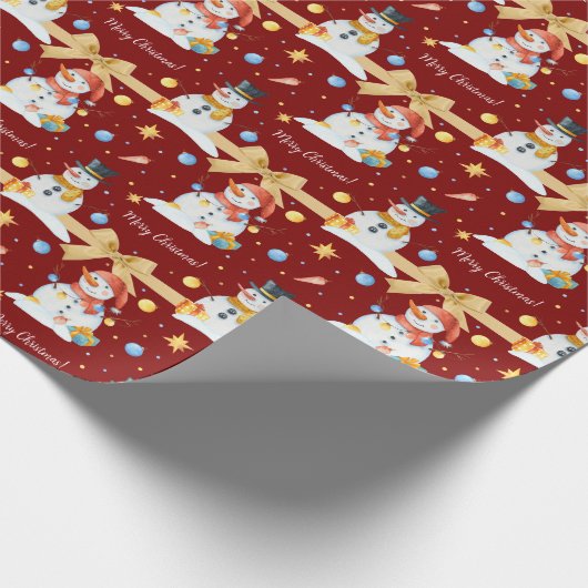 Niedliche Schneemänner mit goldfarbenem Ribbon Geschenkpapier (Ecke)