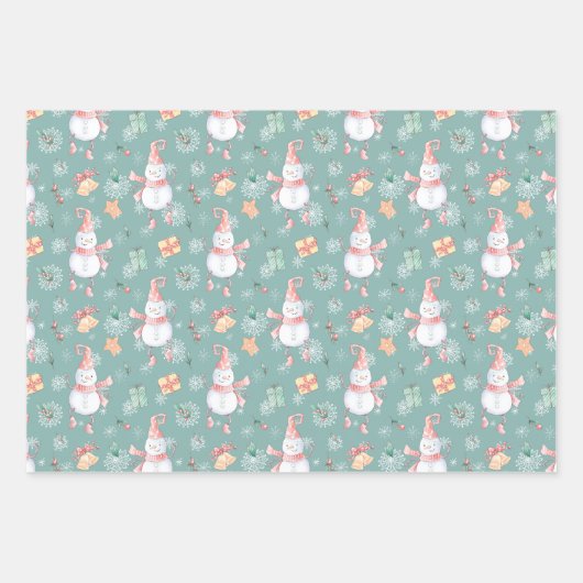 Niedliche Schneemänner schenken Schneeflocken an W Geschenkpapier Set (Vorderseite)