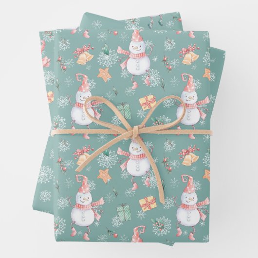 Niedliche Schneemänner schenken Schneeflocken an W Geschenkpapier Set (Beispiel)