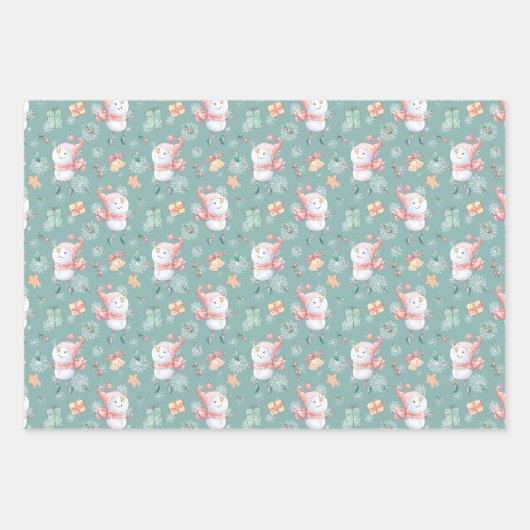 Niedliche Schneemänner schenken Schneeflocken an W Geschenkpapier Set (Vorderseite 3)