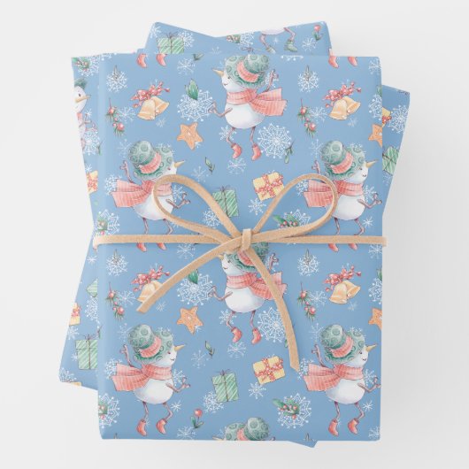 Niedliche Schneemänner schenken Schneeflocken auf  Geschenkpapier Set (Beispiel)