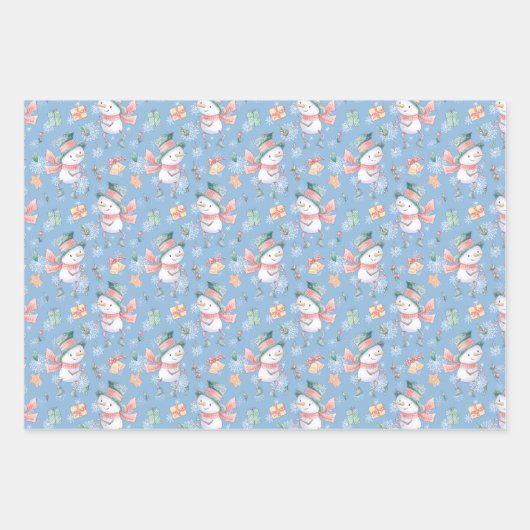 Niedliche Schneemänner schenken Schneeflocken auf  Geschenkpapier Set (Vorderseite 3)