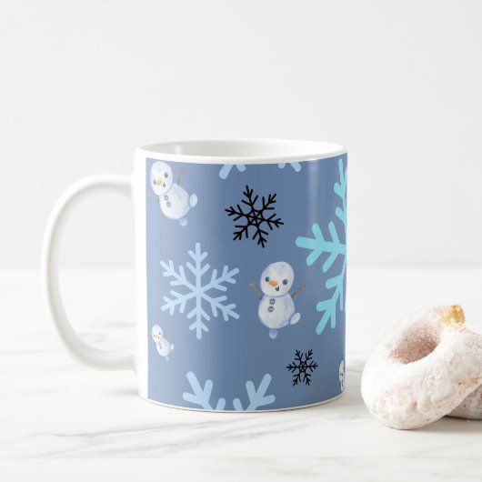 Niedliche Schneemänner und Schneeflocken in aquama Kaffeetasse (Mit Donut)