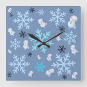 Niedliche Schneemänner und Schneeflocken in aquama Quadratische Wanduhr (Vorderseite)
