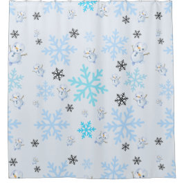 Niedliche Schneemänner und Schneeflocken in hellbl Duschvorhang