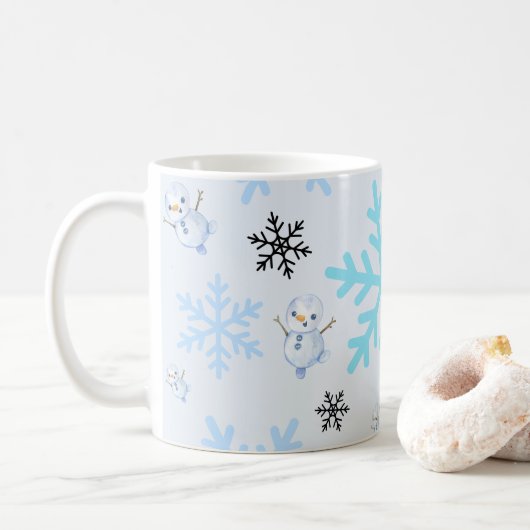 Niedliche Schneemänner und Schneeflocken in hellbl Kaffeetasse (Mit Donut)