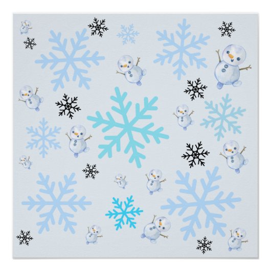Niedliche Schneemänner und Schneeflocken in hellbl Poster (Vorderseite)