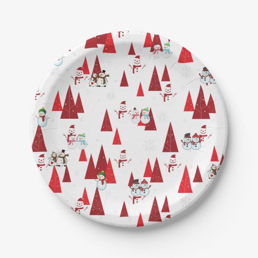 Niedliche Schneemänner und Weihnachtsbaumen Pappteller (Vorderseite)