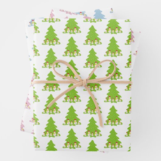 Niedliche Schneemänner und Weihnachtsbaumvorstellu Geschenkpapier Set (Beispiel)