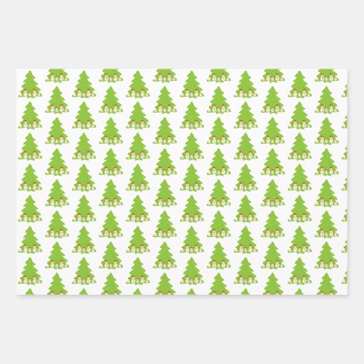 Niedliche Schneemänner und Weihnachtsbaumvorstellu Geschenkpapier Set (Vorderseite)