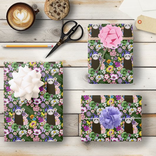 Niedliche Schokolade Sable Ferret Blumengrün Geschenkpapier Set