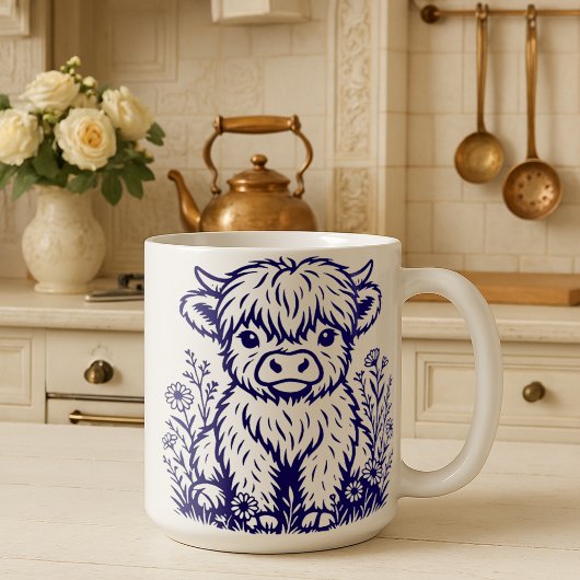 Niedliche schottische Highland Cow & Wildblumen Kaffeetasse