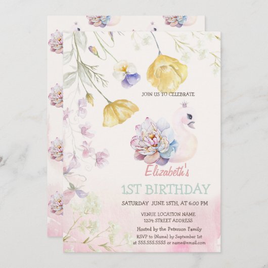 Niedliche Schwäne Wildblumen Geburtstag Einladung (Vorne/Hinten)