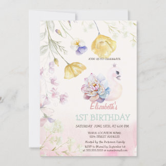 Niedliche Schwäne Wildblumen Geburtstag Einladung