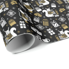 Niedliche Schwarz-Gold-Weihnachtswaldschnitzereien Geschenkpapier