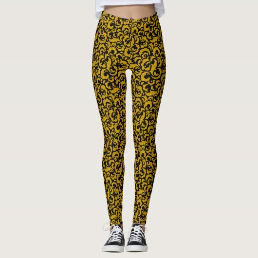 Niedliche schwarz-goldene nahtlose Blumenmuster Ca Leggings (Vorderseite)