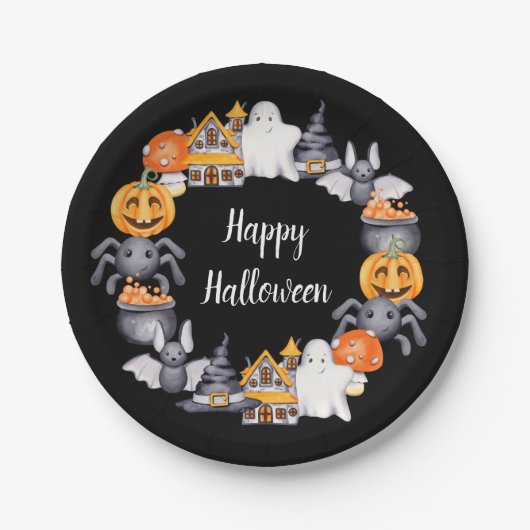 Niedliche Schwarz-Happy Halloween-Illustration Pappteller (Vorderseite)