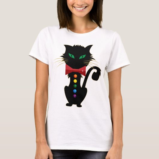 Niedliche Schwarz Katzengrün Augen Regenbogenfarbe T-Shirt (Vorderseite)
