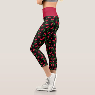 Niedliche Schwarz-Rot-Kirschen Capri Leggings