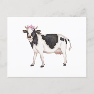 Niedliche Schwarz-Weiß-Aquarellkühe mit Blume Postkarte