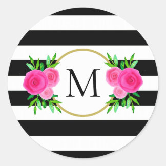Niedliche Schwarz-weiß gestrichelte rosa Floral Mo Runder Aufkleber