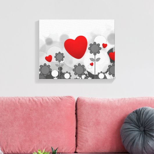 Niedliche Schwarz/Weiß/Graue Blume mit Big Red Hea Leinwanddruck (Insitu (Wohnzimmer))