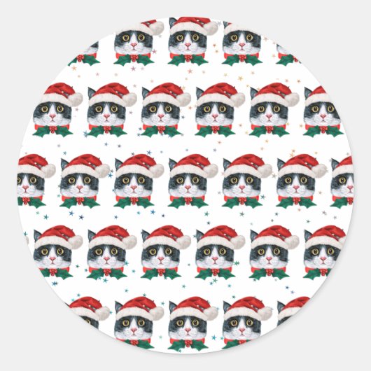 Niedliche Schwarz-Weiß-Katze mit Weihnachtsmannmüt Runder Aufkleber (Vorderseite)