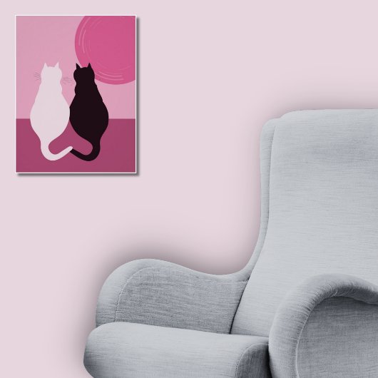 Niedliche Schwarz-Weiß-Katzenpaare bei rosa Sonnen Poster