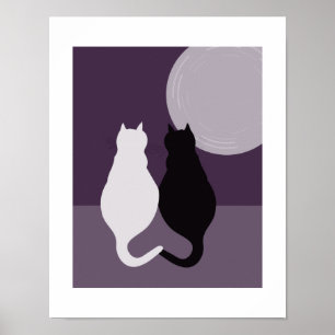 Niedliche Schwarz-Weiß-Katzenpaare Lila-Blau-Nacht Poster