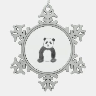 Niedliche Schwarz-Weiß-Panda-Skizze Schneeflocken Zinn-Ornament