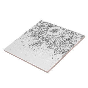 Niedliche Schwarz-weiße Blumendoodles und Konfett Fliese