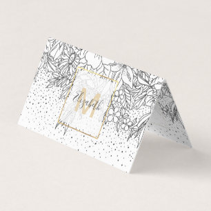 Niedliche Schwarz-weiße Blumendoodles und Konfett Visitenkarten