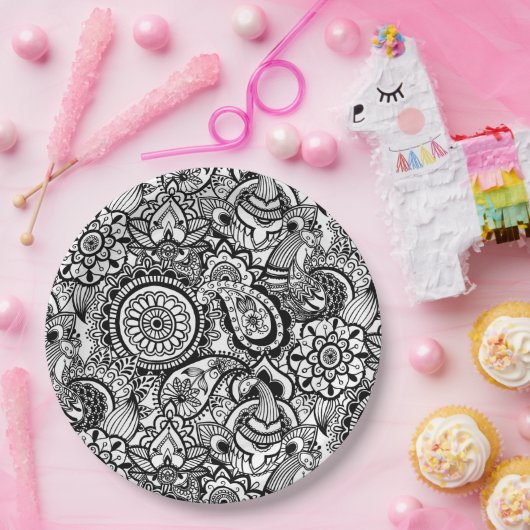 Niedliche Schwarz-weiße Blumenpfeife Pappteller (Party)