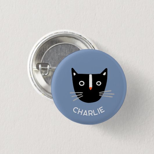 Niedliche Schwarz-weiße Katze Personalisiert Name Button (Vorne & Hinten)