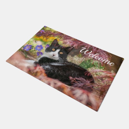 Niedliche schwarz-weiße Katze unter einem Ahornbau Fußmatte (Schrägansicht)