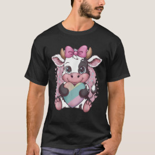 Niedliche Schwarz-weiße Kuh Holding Herz Pink Coqu T-Shirt