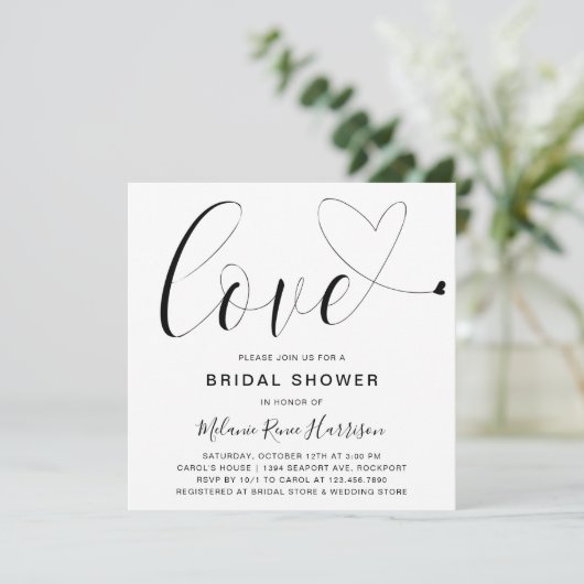 Niedliche Schwarz-weiße Liebe Herz Modernes Brautp Einladung (Stehend Vorderseite)