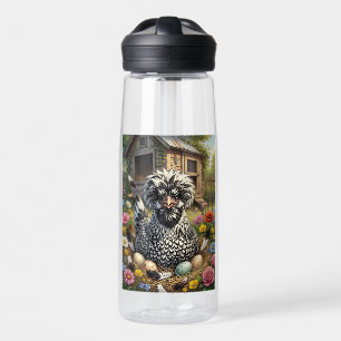 Niedliche Schwarz-Weiße Polnische Hühner Trinkflasche