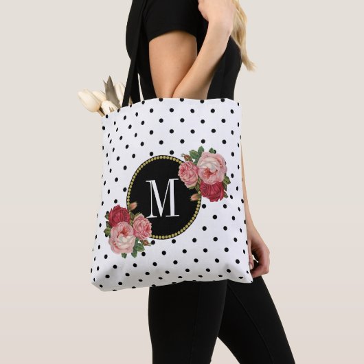 Niedliche Schwarz-weiße Punkte Vintage Blume Monog Tasche (Von Nahem)